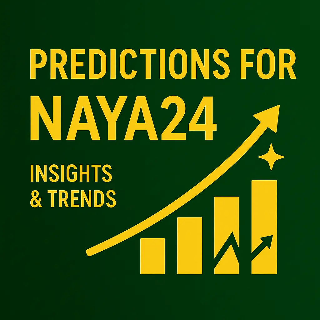 Predictions for Naya24 banner with dark green background, golden upward graph, glowing stars, and bold text showing insights and trends.