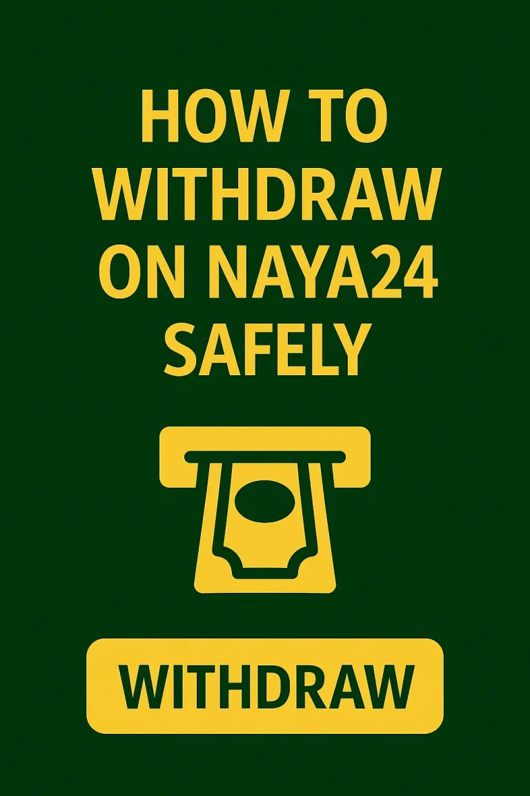 Naya24 withdrawal guide banner with dark green background, golden ATM cash icon, and bold text showing safe withdraw process.